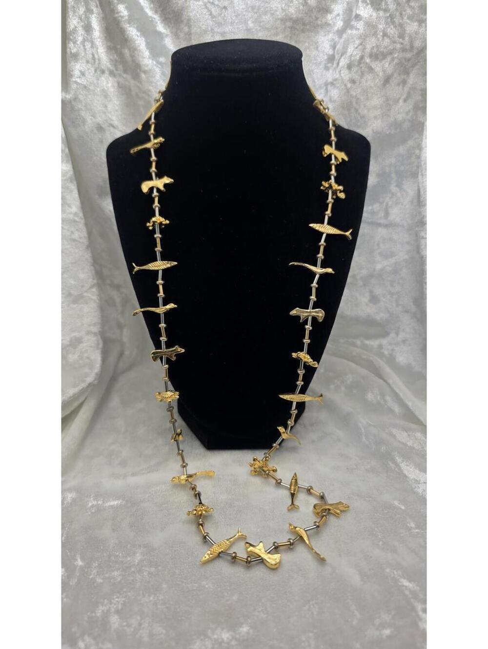 Vintage Gold Tone Animal Charm Necklace 30" Brutalist Artisan Fish Bird Necklace